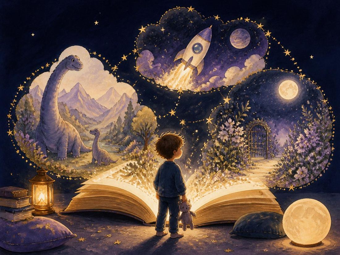 A child standing at the centre of a glowing open storybook surrounded by magical adventure worlds