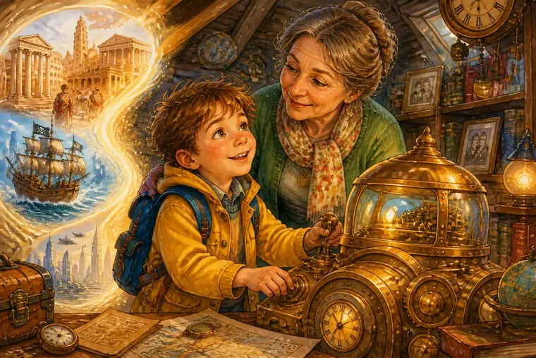 Cover illustration for Noah and Grandma Marina's Secret Time Machine